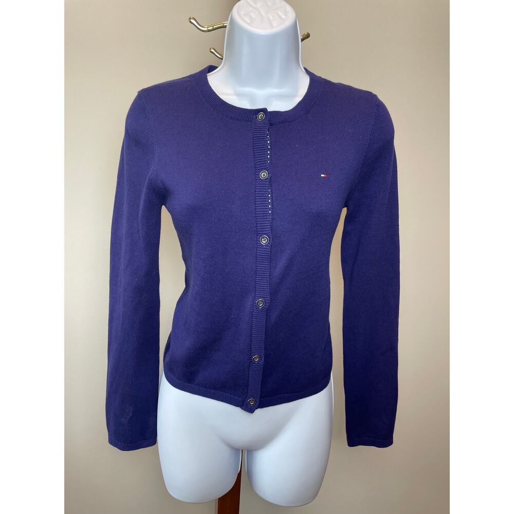 Tommy Hilfiger Girls XL 16 Purple Cardigan 100% Cotton Button Front Crew Neck